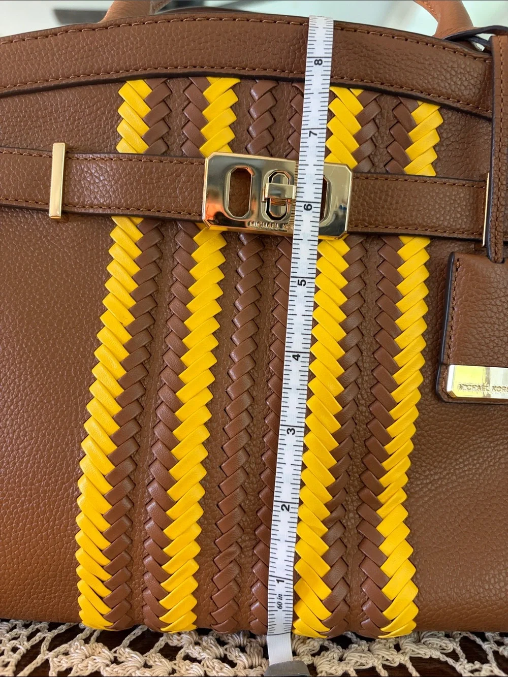 Michael Kors Brown Handbag with Yellow Woven Stripes